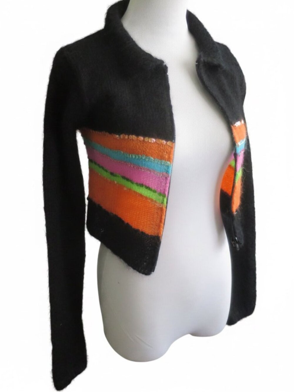 Y2K Cropped Striped Sequin Mohair Cardigan Sweater Size XS - Picture 6 of 12